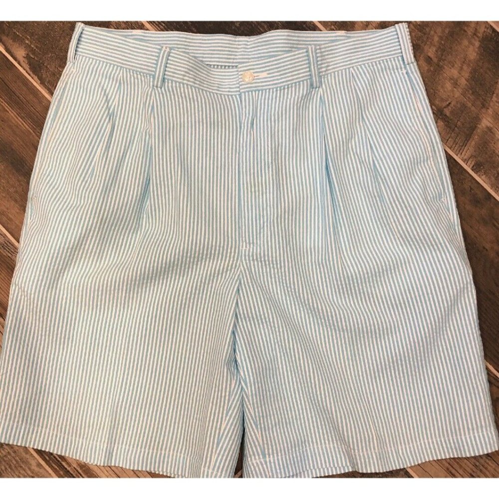 Jos A Bank Stays Cool Men’s Mint Blue Stripe SEERSUCKER Pleated Shorts‎ 34
